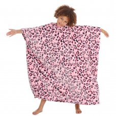 18C834: Older Girls Leopard Print Hooded Plush Fleece Long Line Poncho (One Size - 7-13 Years)